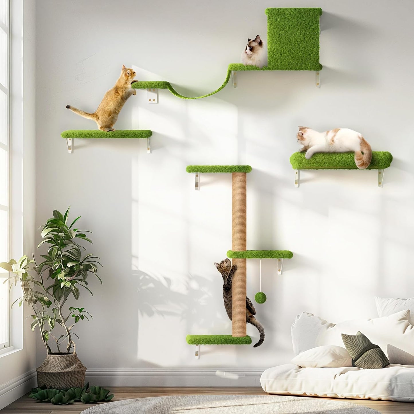 Cat Wall Shelves, Stable & Safe 4 in 1 Cat Wall Furniture Set, Wooden Cat Climbing Wall with Scratching Post for 16 Inch Drywall - Gray
