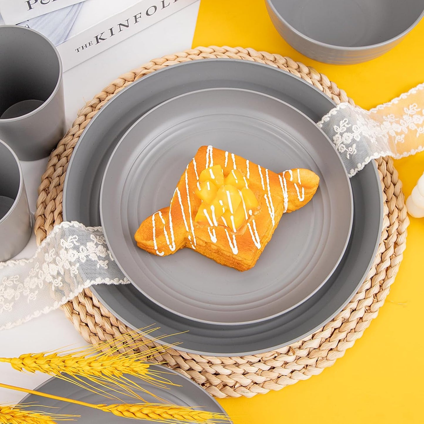 48pcs Grey Straw Dinnerware Set, Plates and Bowls Set, Camping Dish Set for 12, Plastic Dinnerware Set, Dishwasher Safe Dinnerware Set, Unbreakable Plates, Camper Dish Sets, Reusable Tableware