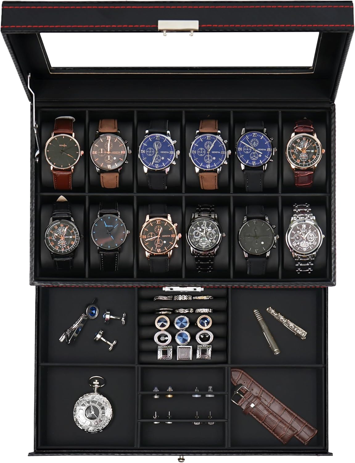12 Slot Watch Case,2 Layers Watch Box Organizer with Large Glass Lid, Lockable Leather Watch Holder Display Case Storage with Jewelry Organizer Holder Drawer, Ideal Gift for Men Women, Black