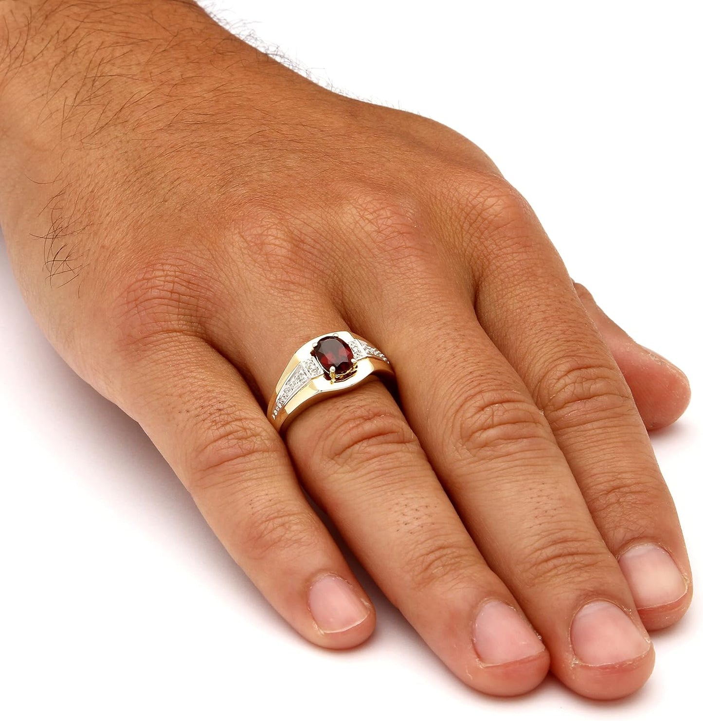 Men's Yellow Gold-Plated Sterling Silver Oval Cut Genuine Red Garnet or Mystic Fire Topaz and Diamond Accent Ring