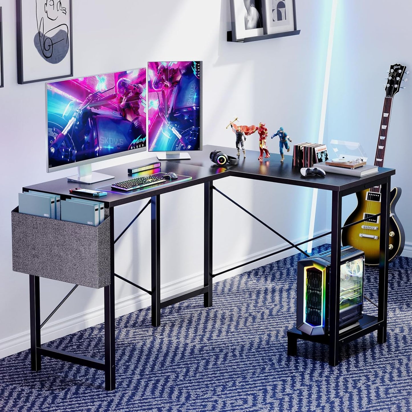 L Shaped Desk - Computer Desk Corner Desks Gaming Desk PC Table with CPU Stand Side Bag for Home Office Dorm Sturdy Writing Workstation, Black, 50-Inch