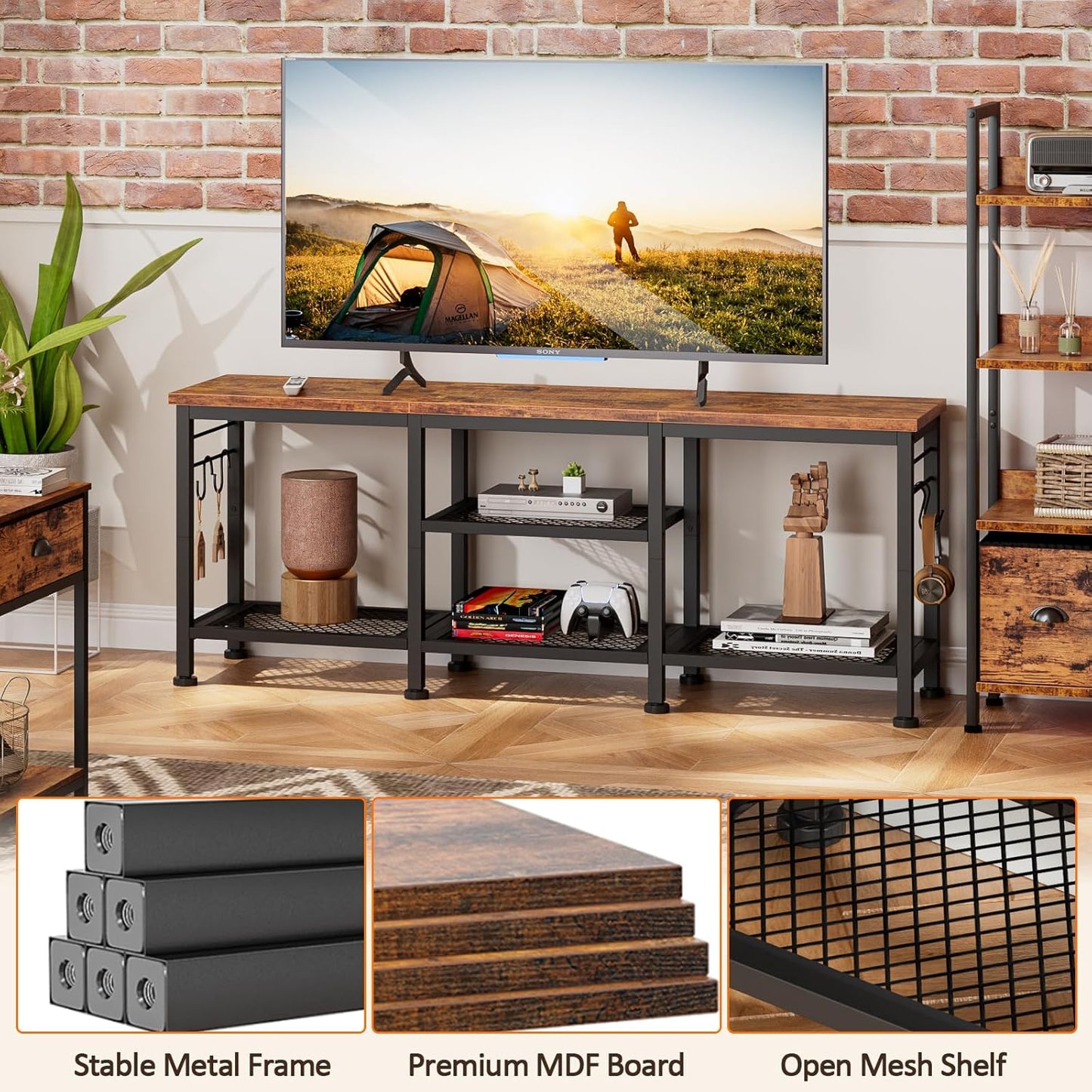 TV Stand for TVs up to 55 Inch, Entertainment Center with Open Storage Shelves, TV Media Console Table with Soundbar Shelf for Living Room, Bedroom, Rustic Brown