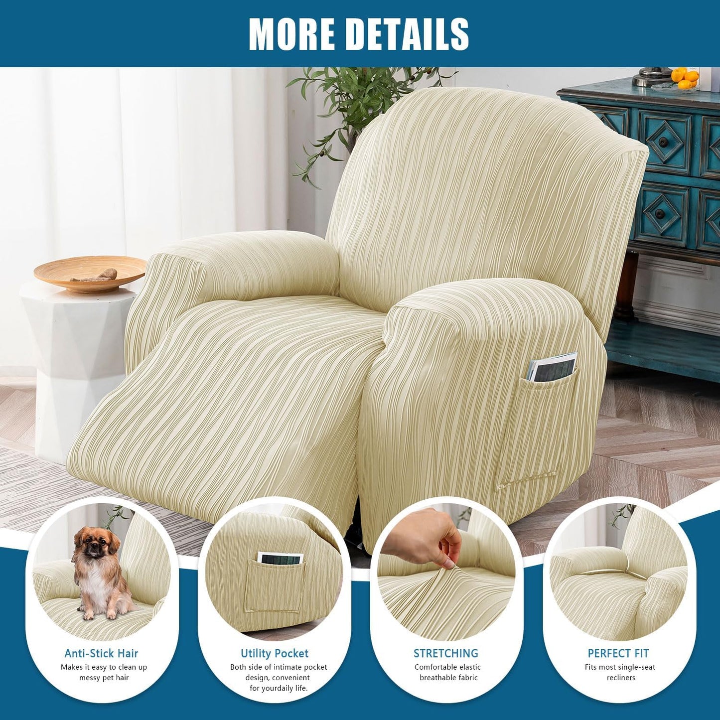 Recliner Cover Stretch Soft Couch Cover for Dogs, Sofa Slipcover for Recliner Couch Leakproof Furniture Protector for Kids, Pets (Beige)