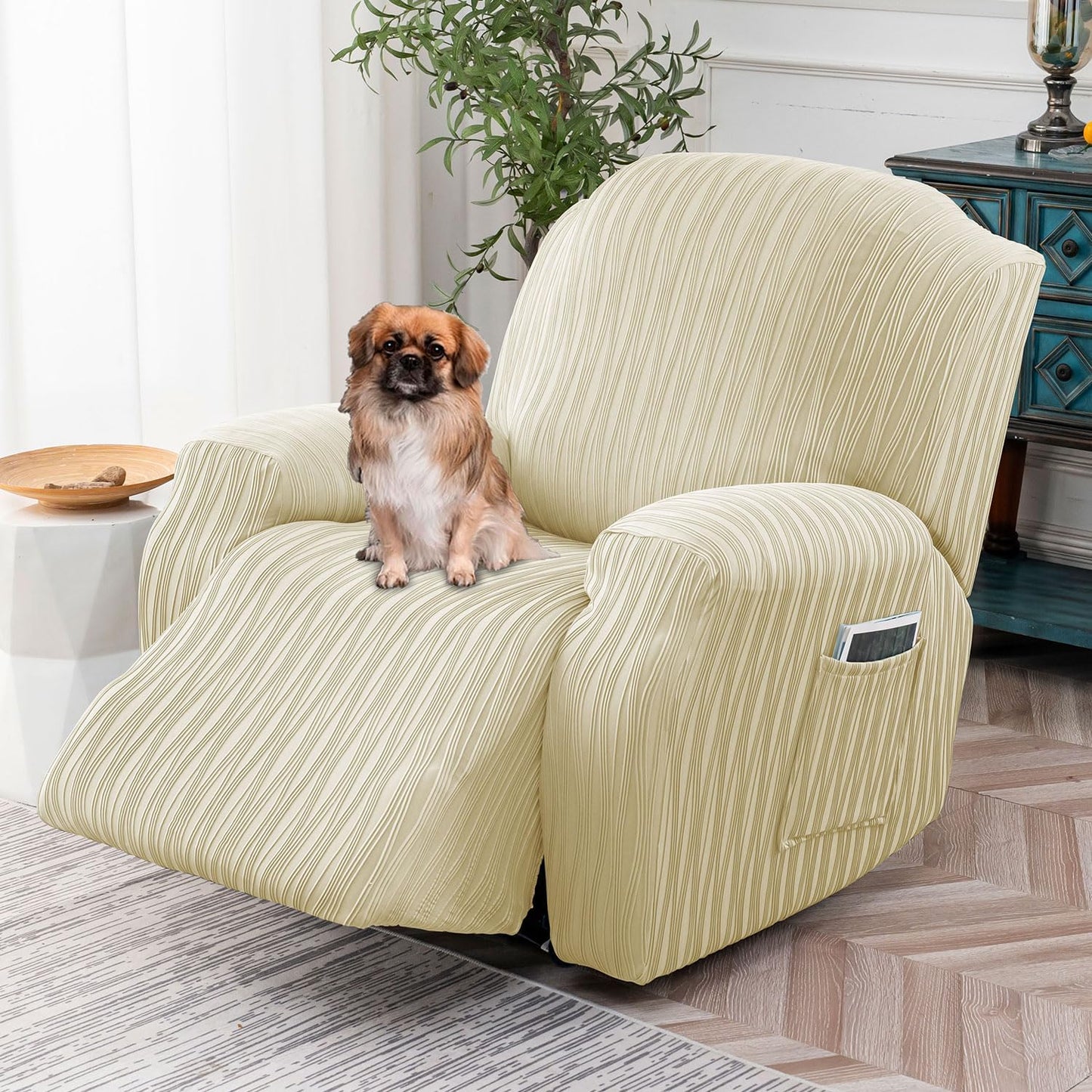 Recliner Cover Stretch Soft Couch Cover for Dogs, Sofa Slipcover for Recliner Couch Leakproof Furniture Protector for Kids, Pets (Beige)
