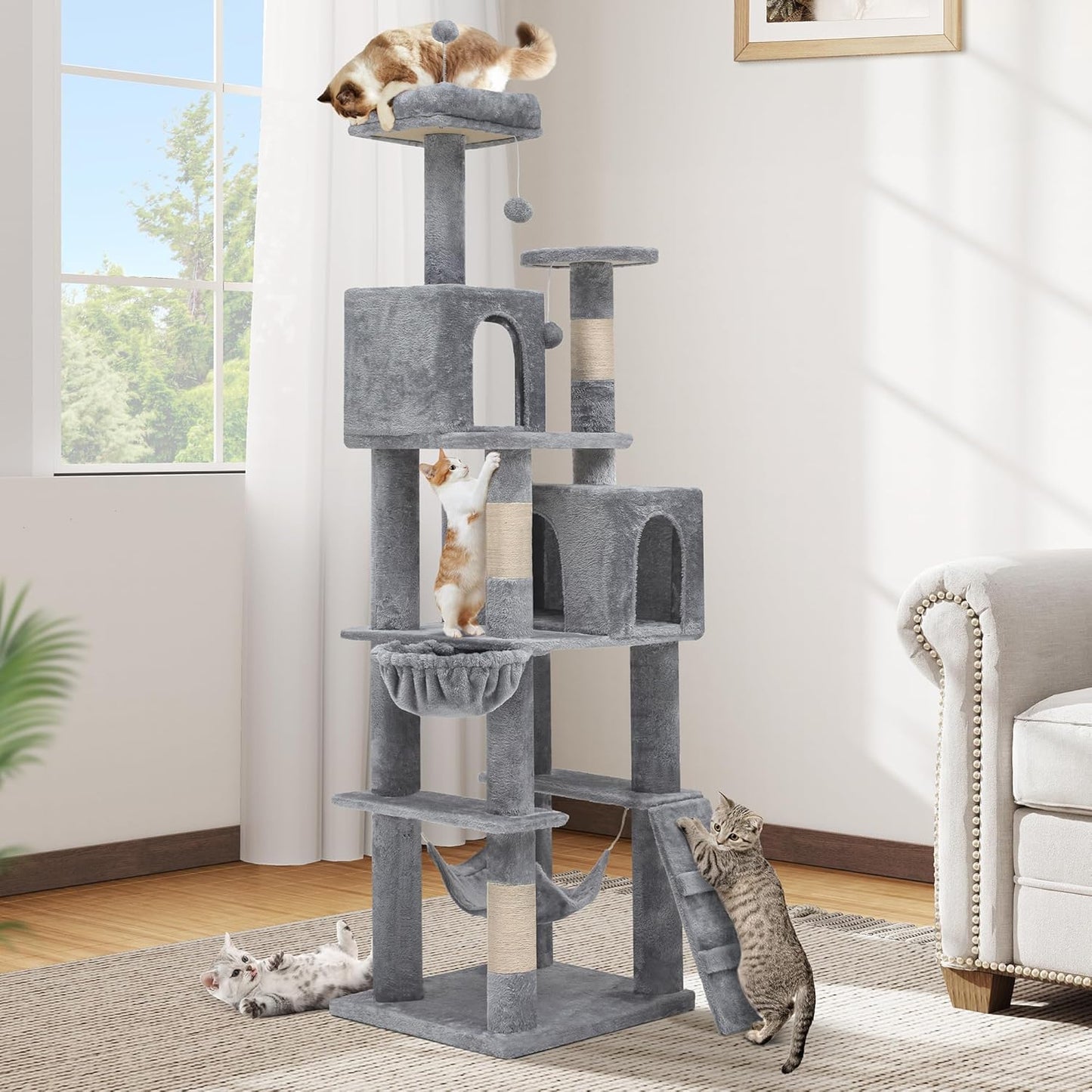 75-inch Indoor Cat Tree Tower, Multi-Level Pet Playground, Cat Furniture with Scratch Posts, Hideaway Condos, Soft Perch, Snug Hammock, Climbing Ladder, and Plush Balls for Kittens (Dark Gray)