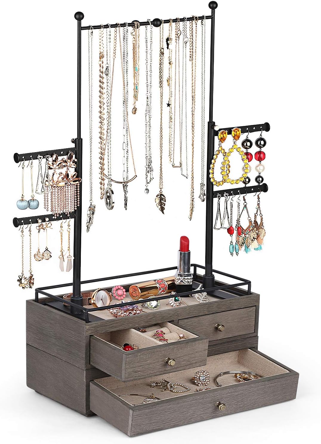 Jewelry Organizer - 2 Layer Wooden Jewelry Drawer Storage Box with 6 Tier Jewelry Tree Stand, Jewelry Display for Necklaces Bracelet Earring Ring Weathered Grey