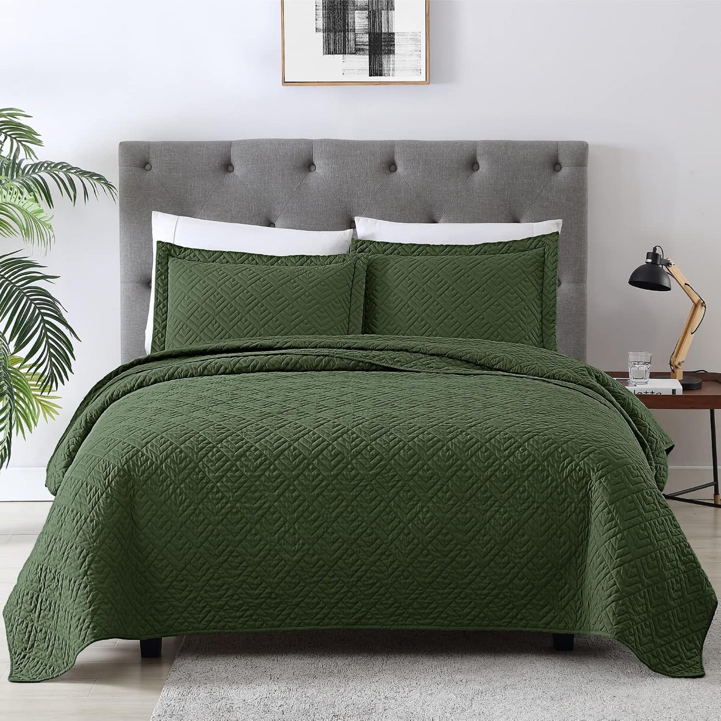 Home Quilt Set Full Queen Size Grey 3 Piece,Lightweight Soft Coverlet Squares Pattern Bedspread Set for All Season(1 Quilt,2 Pillow Shams)