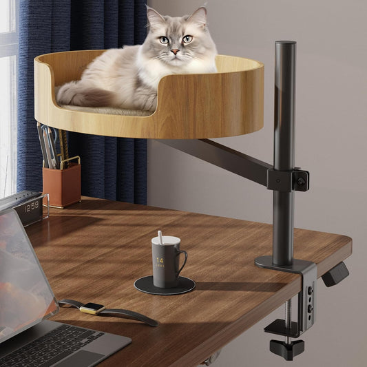 Cat Desk Bed – Cat Bed for Indoor Cats with Adjustable Height&360° Rotation, Elevated Desk Nest Cat Bed for Table, Desktop Cat Bed for Small Space, Wooden Cat Bed Desktop Kitten Furniture