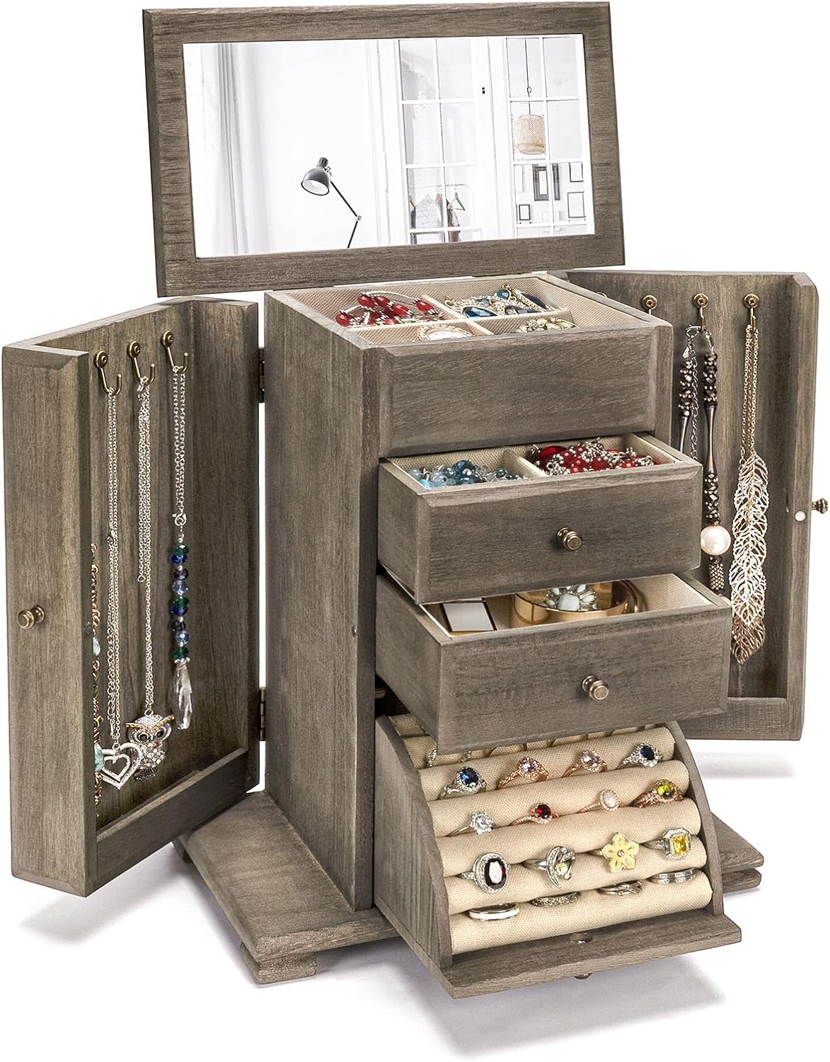 Jewelry Box for Women, Rustic Wooden Jewelry Boxes & Organizers with Mirror, 4 Layer Jewelry Organizer Box Display for Rings Earrings Necklaces Bracelets (Rustic Brown)