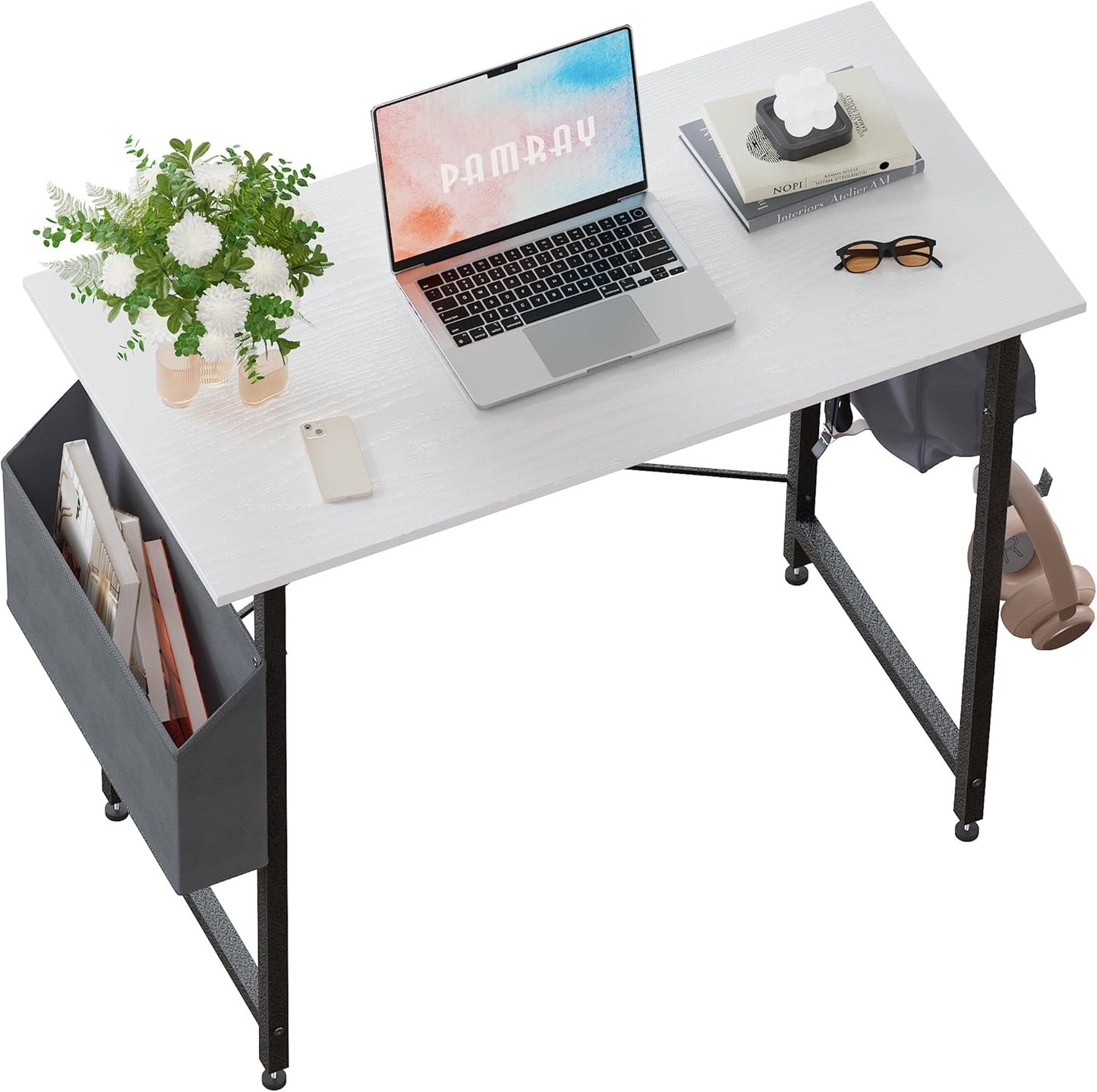 47 Inch Computer Desk for Small Spaces with Storage Bag, Home Office Work Desk with Headphone Hook, Small Office Desk Study Writing Table