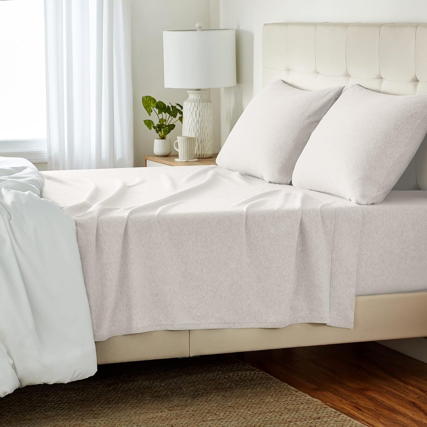 Basics 4 Piece Bed Sheets Set, 100% Cotton Jersey, Includes Super Soft, Flat and Fitted Sheets, Pillowcase, King, Oatmeal, Solid
