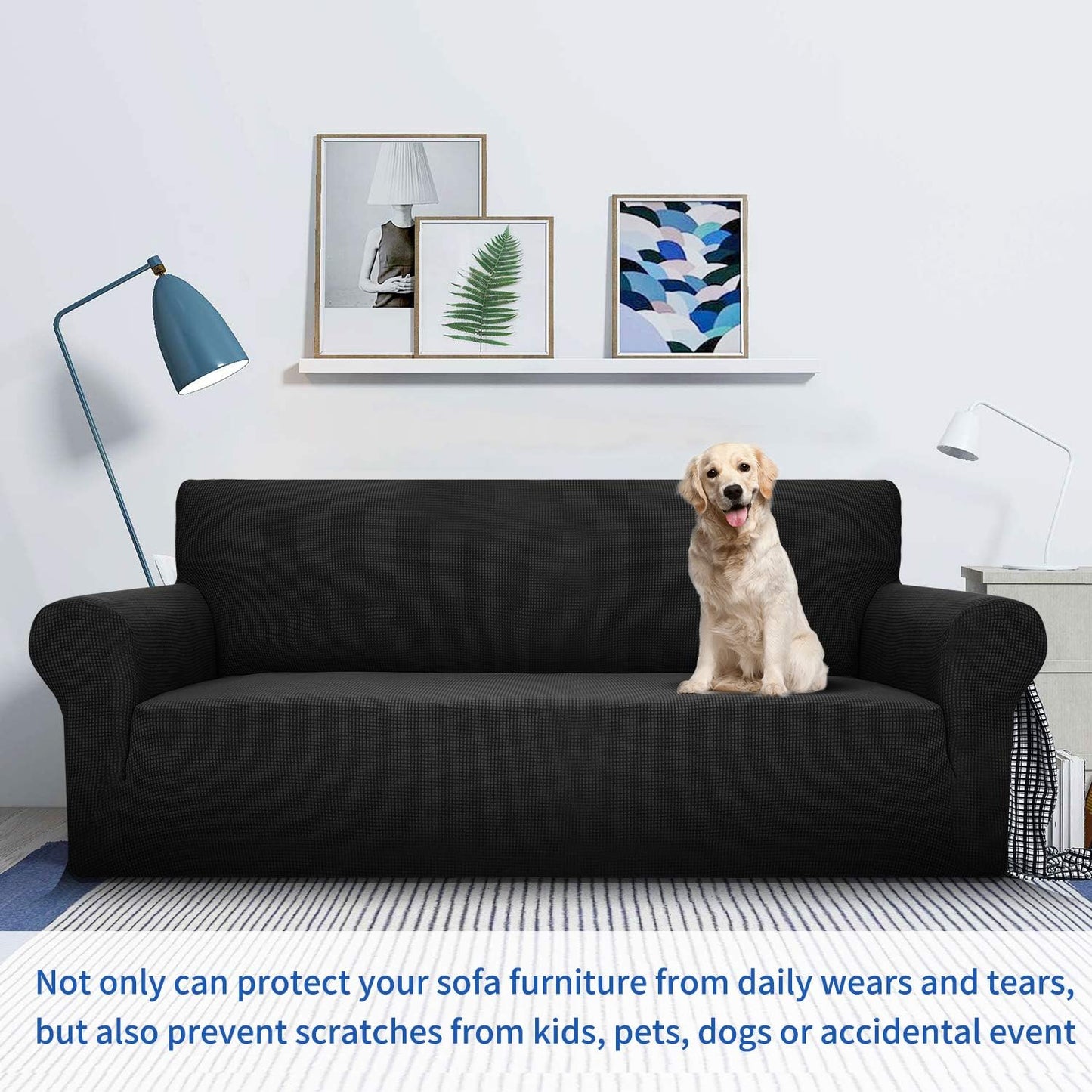 Super Stretch Couch Cover for 3 Cushion Couch, 1-Piece Universal Sofa Covers Living Room Jacquard Spandex Furniture Protector Dogs Pet Friendly Fitted (Large, Black)