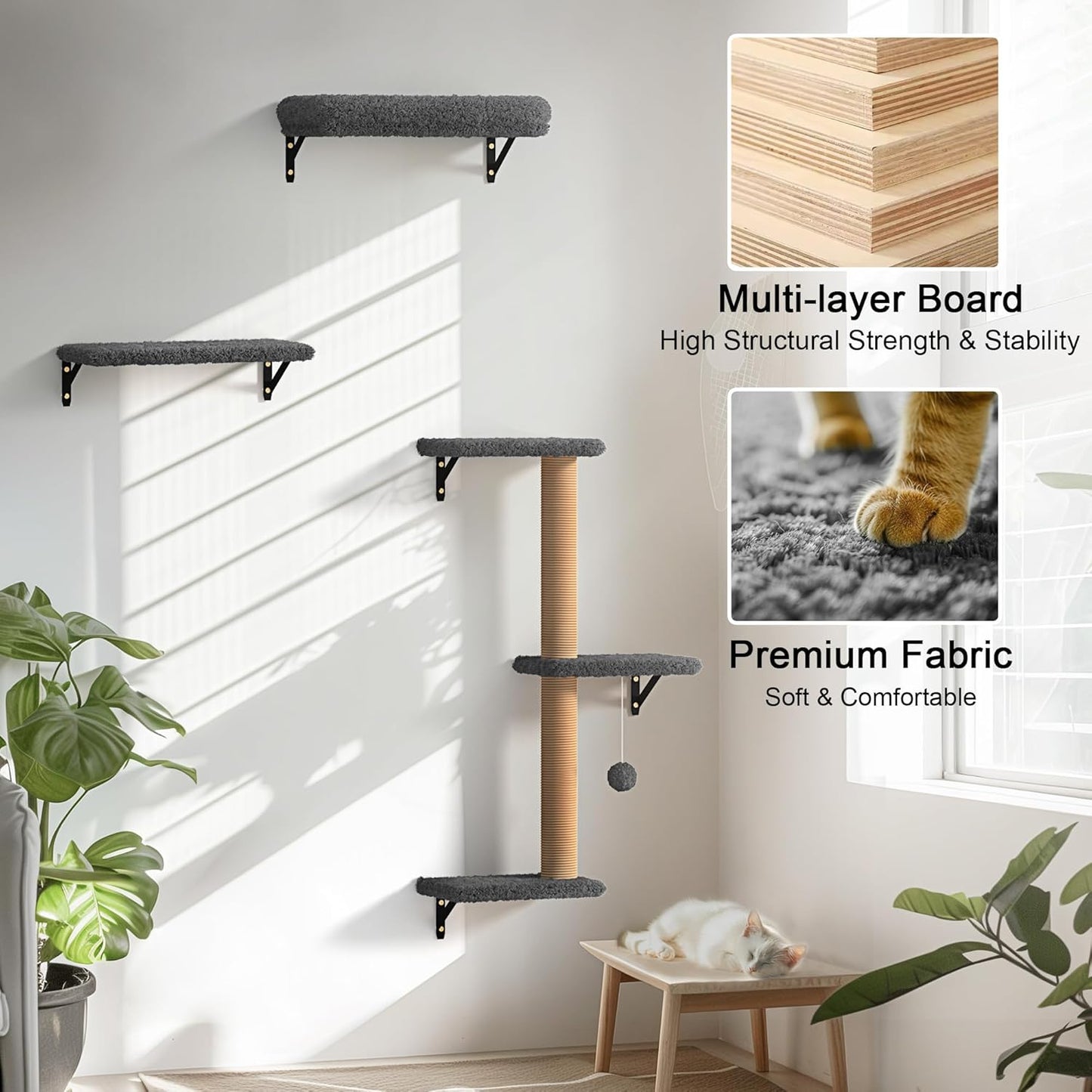Cat Wall Shelves, Stable & Safe 4 in 1 Cat Wall Furniture Set, Wooden Cat Climbing Wall with Scratching Post for 16 Inch Drywall - Gray