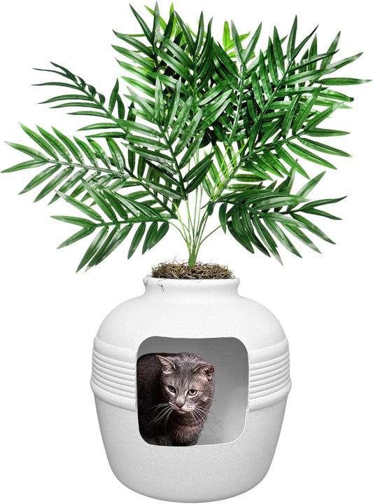 Hidden Litter Box Base Kit, Round Enclosed Cat Planter Furniture with Fake Plant, Hooded Vented Carbon Filter System for Odor Control, Easy to Clean, Made in USA, White Birch