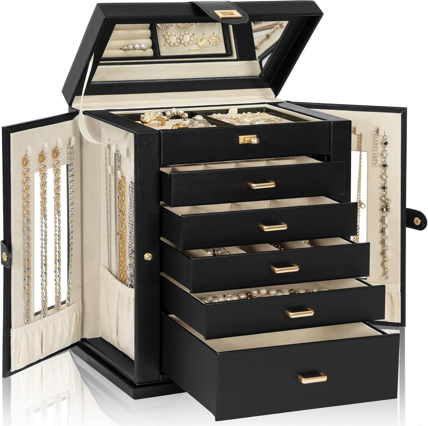 Jewelry Box Organizer Functional Leather Jewelry Storage Case for Women Girls Ring Necklace Earring Bracelet Holder Organizer with Mirror Black