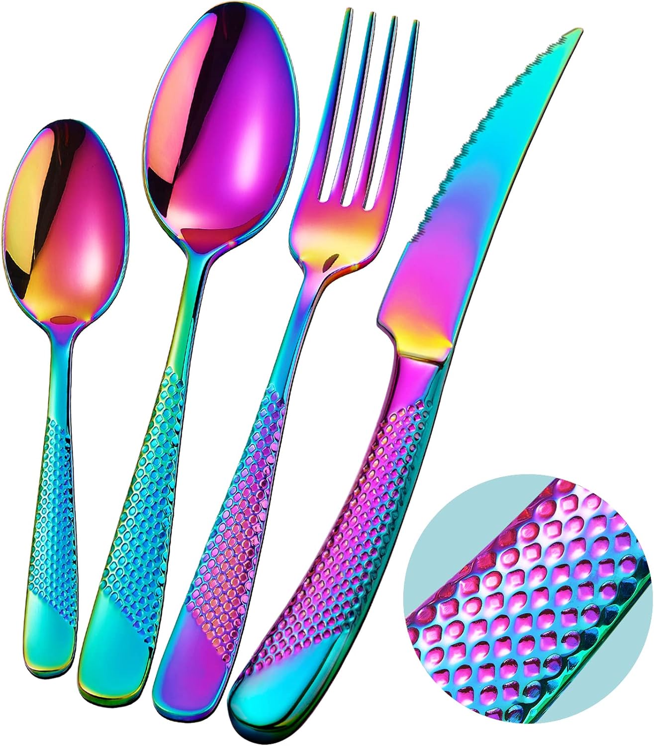16-Piece Modern Hammered Cutlery Set with Ultra Sharp 2-in-1 Serrated Knife, 18/10 Stainless Steel Silverware Set, Flatware Set Service for 4, Tableware Utensil Set, Forks Spoons Knives Set