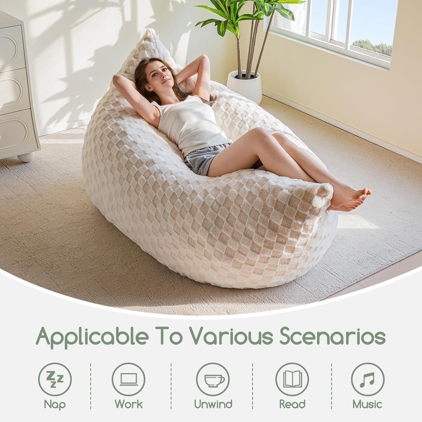 3 in 1 Bean Bag Chair, Giant Bean Bag Convertible Lounger for Adult with Filler Included for Bedroom Room Living Room, 75x54 Inch, Beige