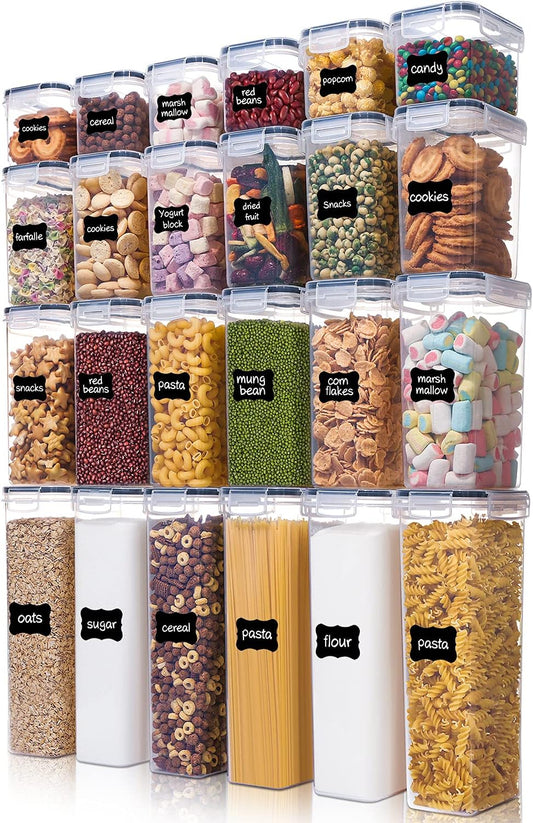 Airtight Food Storage Containers with Lids, 24 pcs Plastic Kitchen and Pantry Organization Canisters for Cereal, Dry Food, Flour and Sugar, BPA Free, Includes 24 Labels，Black