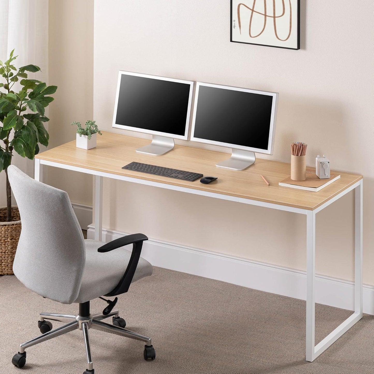 55 Inch White Frame Desk, Computer Workstation, Office Desk, Dining Table, Easy Assembly, Natural