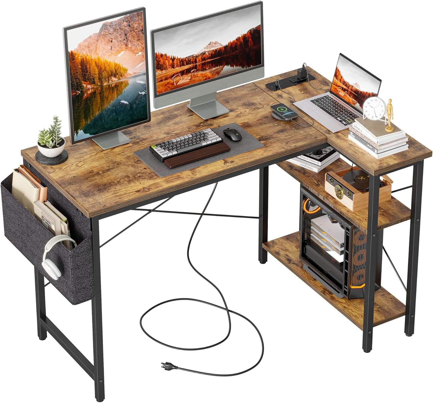 Small Computer Desk with Power Outlets, 40 Inch L Shaped Desk with Reversible Shelves, Gaming Desk Corner Desk Study Writing Table for Home Office Bedroom Living Room, Black