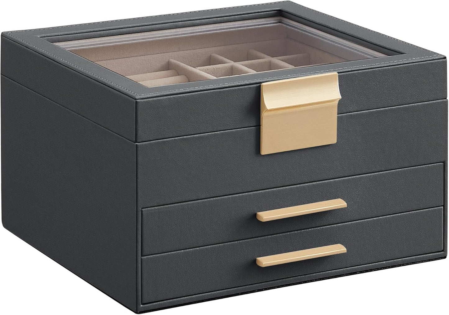Jewelry Box with Glass Lid, 6-Layer Jewelry Organizer, 5 Drawers, for Big and Small Jewelry, Jewelry Storage, Modern Style, 8 x 9.1 x 9 Inches, Cloud White and Gold Color UJBC176W01