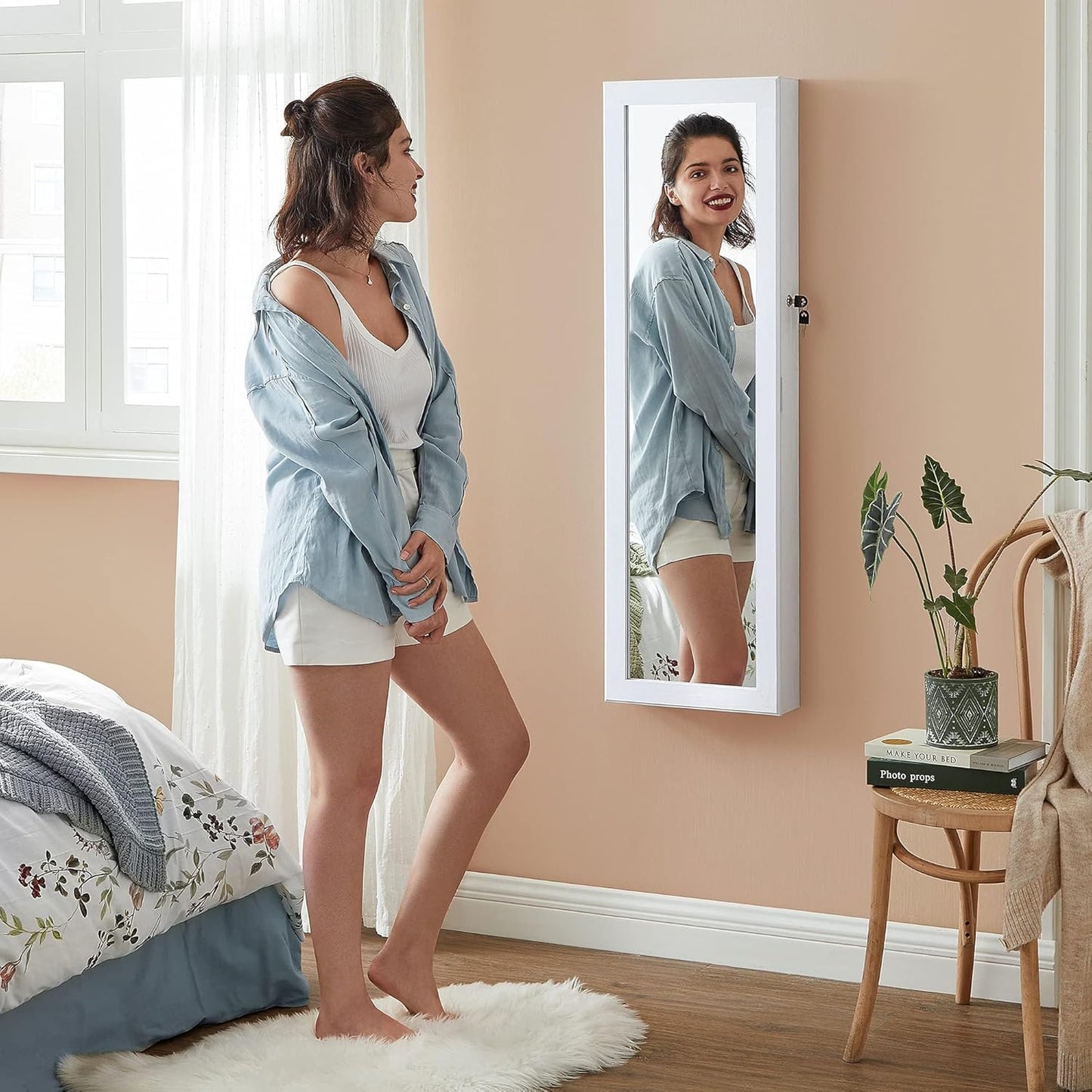 6 LEDs Mirror Jewelry Cabinet, 47.2-Inch Tall Lockable Wall or Door Mounted Jewelry Armoire Organizer with Mirror, 2 Drawers, 3.9 x 14.6 x 47.2 Inches