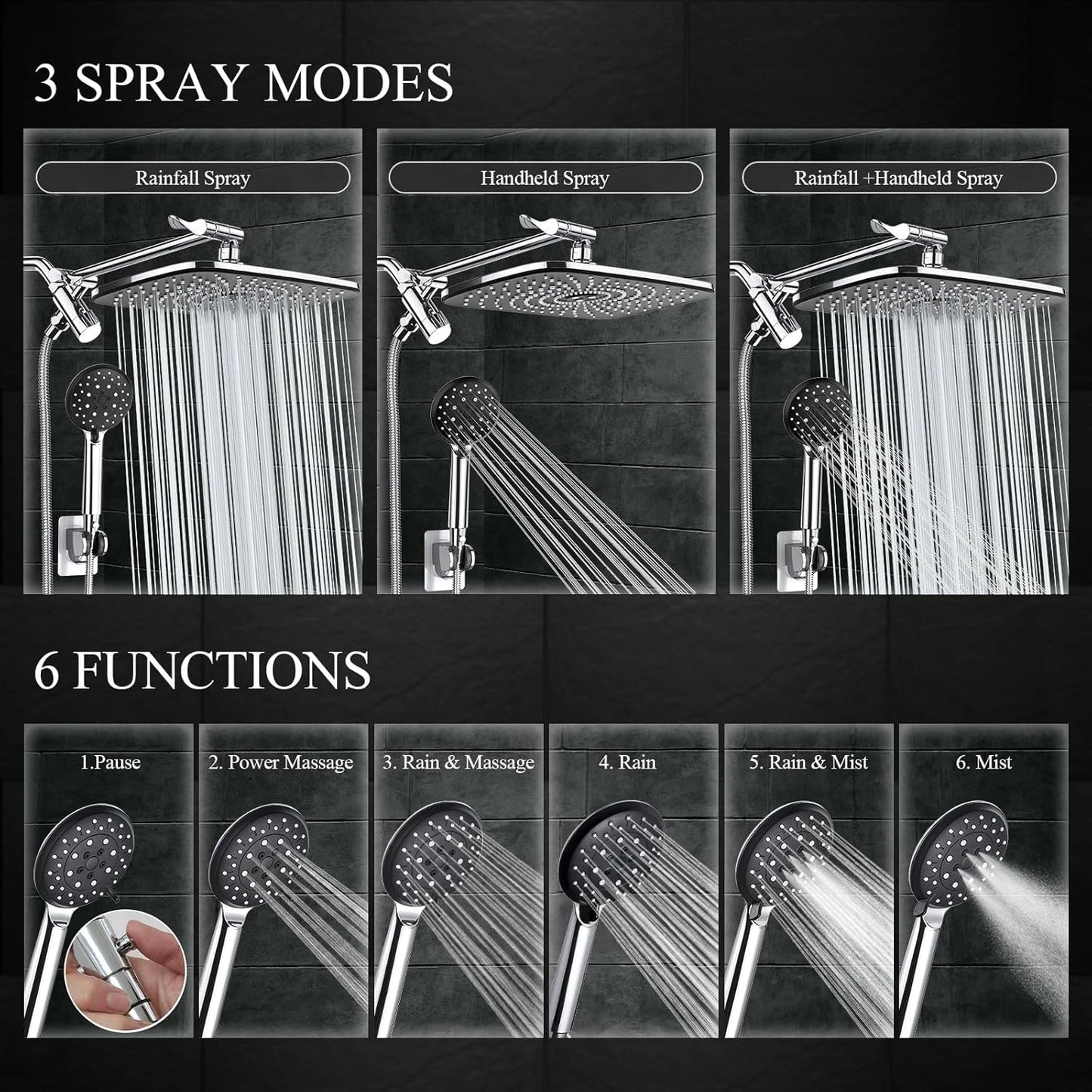 High Pressure Rain Shower Head Combo with Extension Arm- Wide Showerhead with 6 Handheld Water Spray - Adjustable Dual Shower with Anti-Clog Nozzles - Silver Chrome