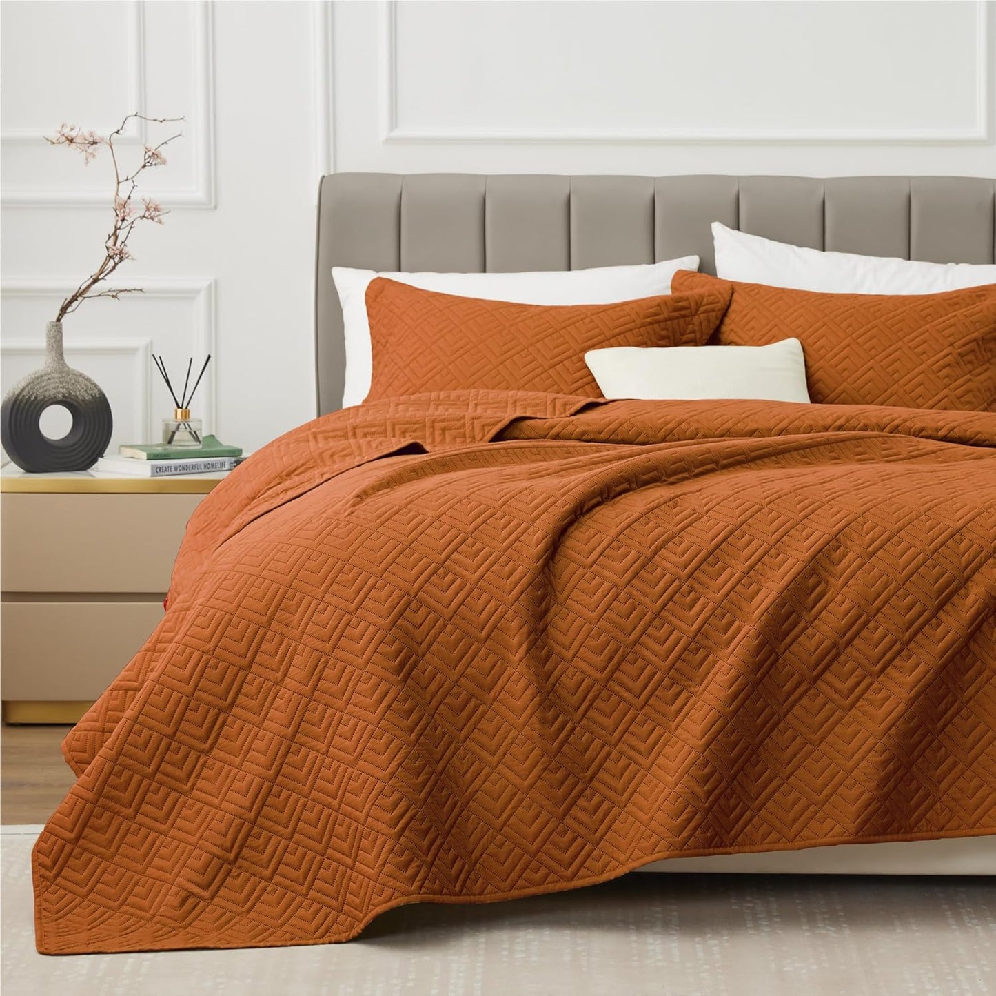 Home Quilt Set Full Queen Size Grey 3 Piece,Lightweight Soft Coverlet Squares Pattern Bedspread Set for All Season(1 Quilt,2 Pillow Shams)