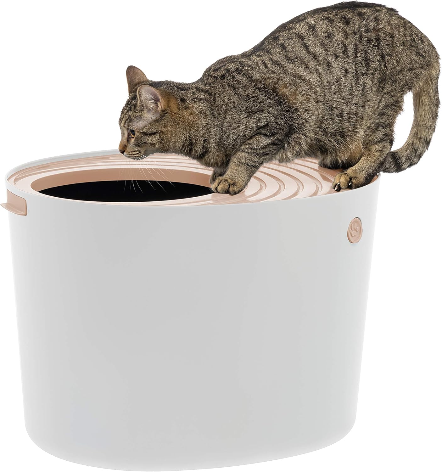 Cat Litter Box, Top Entry Litter Box with Scoop, Stylish Round Cat Litter Box Enclosure, Kitty Litter Box, White/Beige