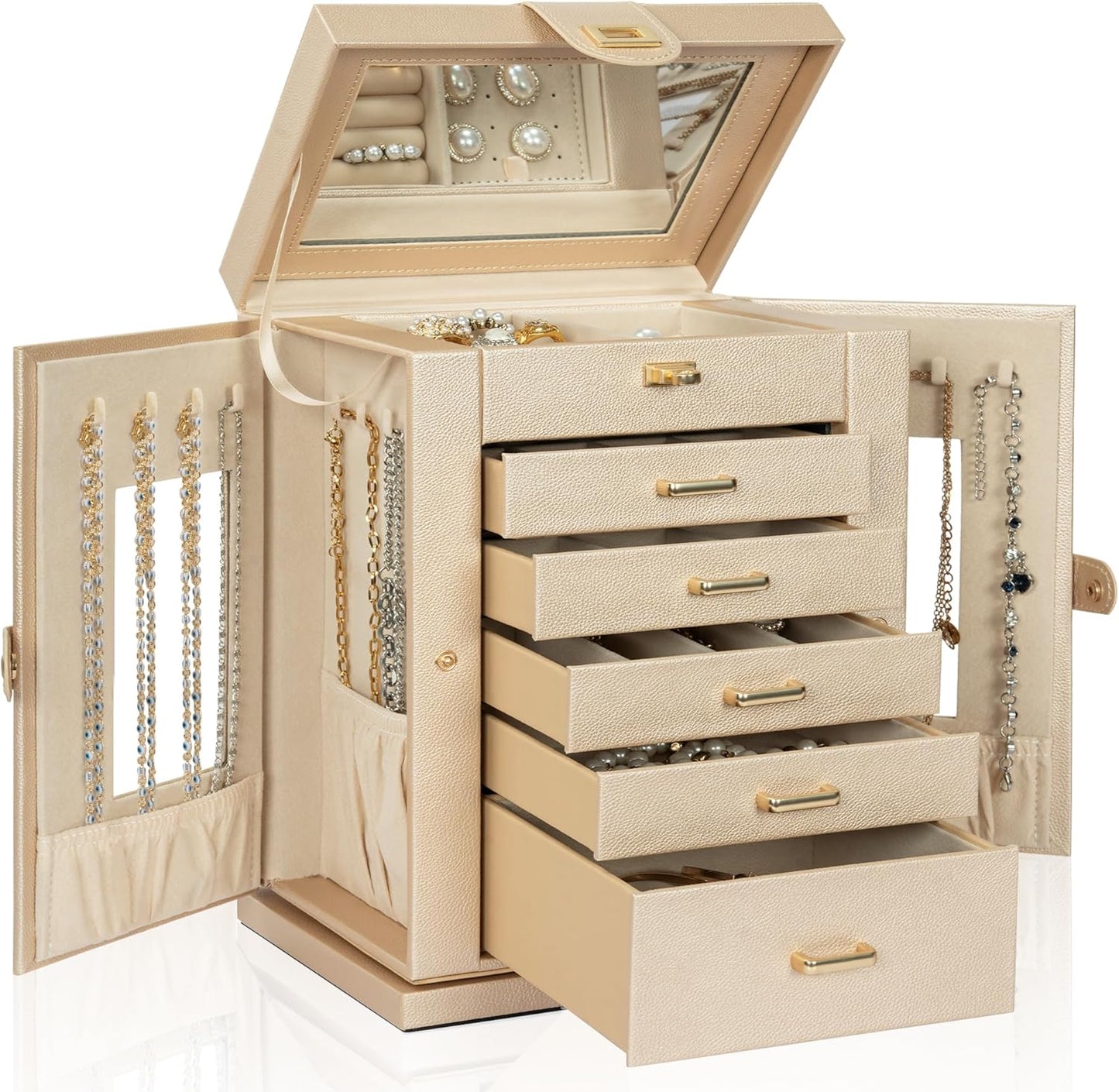 Jewelry Box Organizer Functional Leather Jewelry Storage Case for Women Girls Ring Necklace Earring Bracelet Holder Organizer with Mirror Black