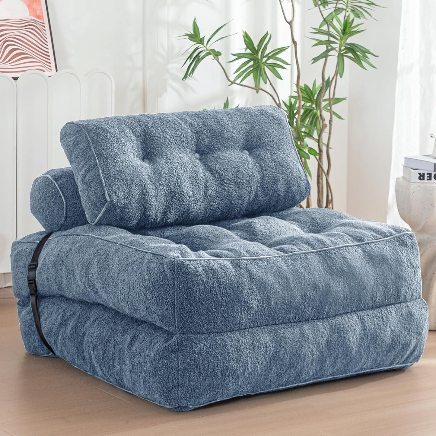 Folding Sofa Bed, Convertible Sleeper Chair with Pillow Foldable Mattress with Back Support, Portable Fold Out Sofa Couch Fuzzy Fabric Comfy Floor Sofa Lounge for Living Room Apartment, Black