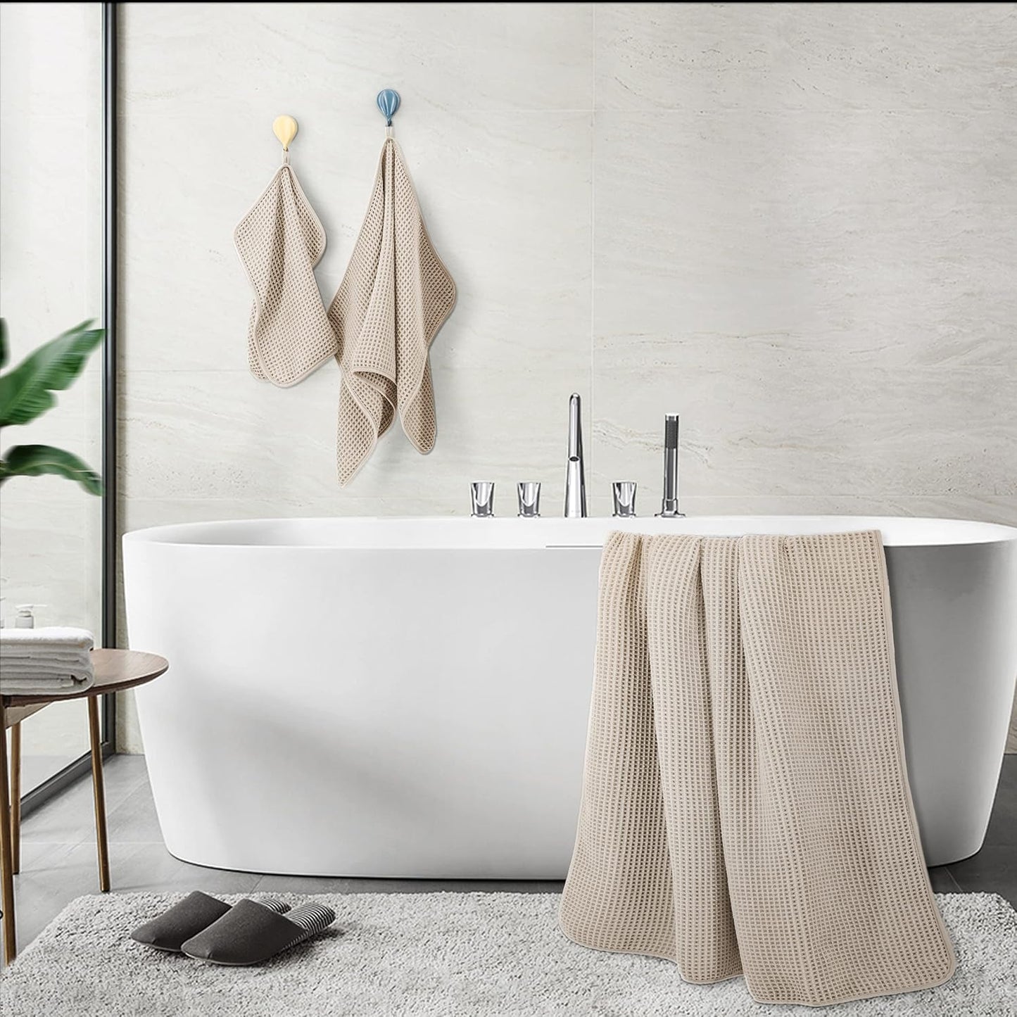 Oversize, 60 x 30 in., Quick Dry Lint Free Microfiber Bath Towel Set, 6 Piece (Beige, Waffle Weave)