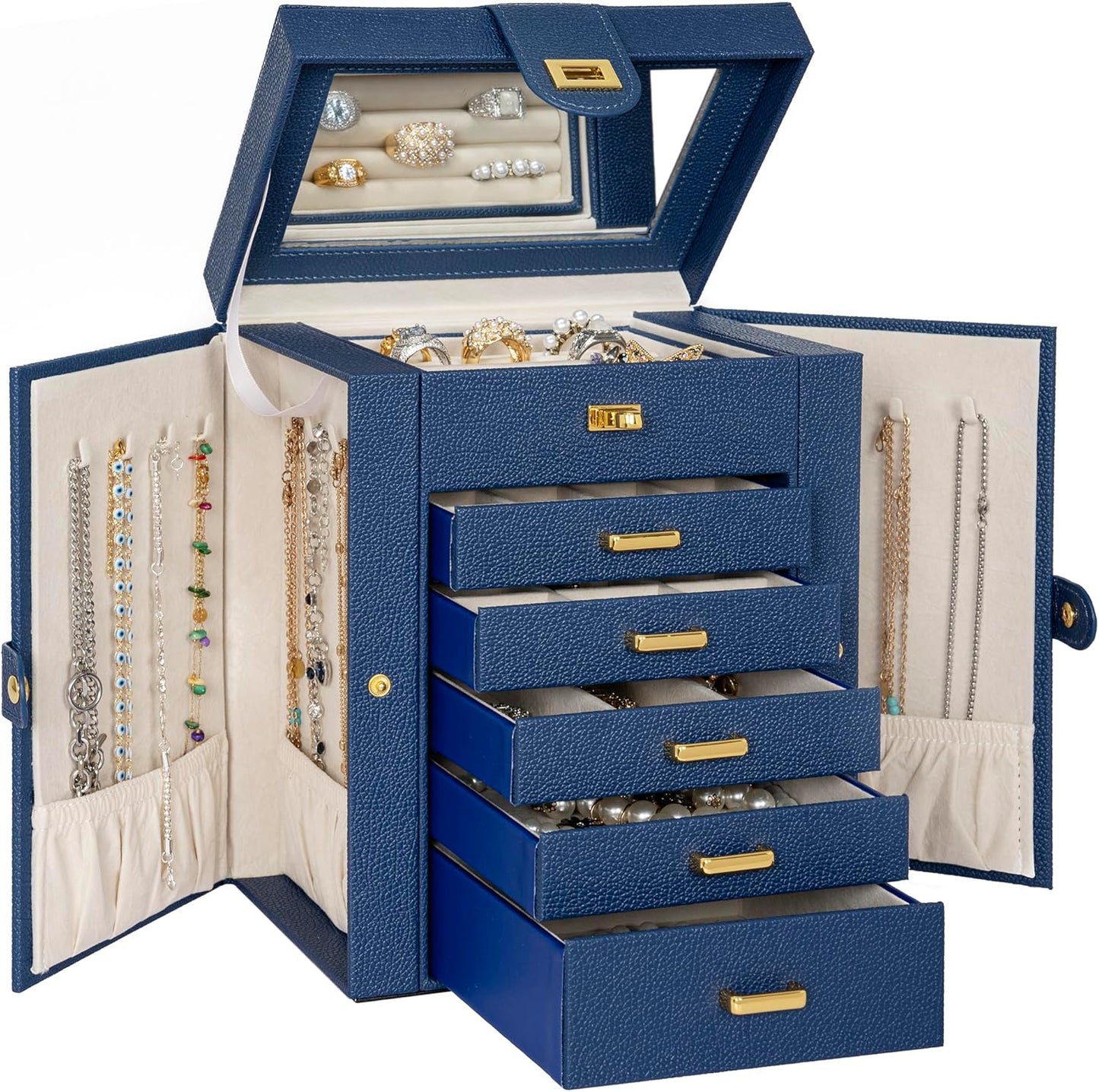Jewelry Box Organizer Functional Leather Jewelry Storage Case for Women Girls Ring Necklace Earring Bracelet Holder Organizer with Mirror Black