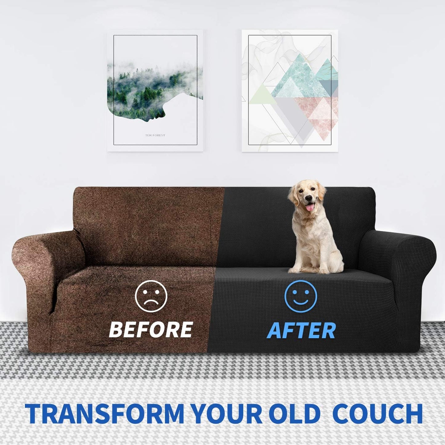 Super Stretch Couch Cover for 3 Cushion Couch, 1-Piece Universal Sofa Covers Living Room Jacquard Spandex Furniture Protector Dogs Pet Friendly Fitted (Large, Black)