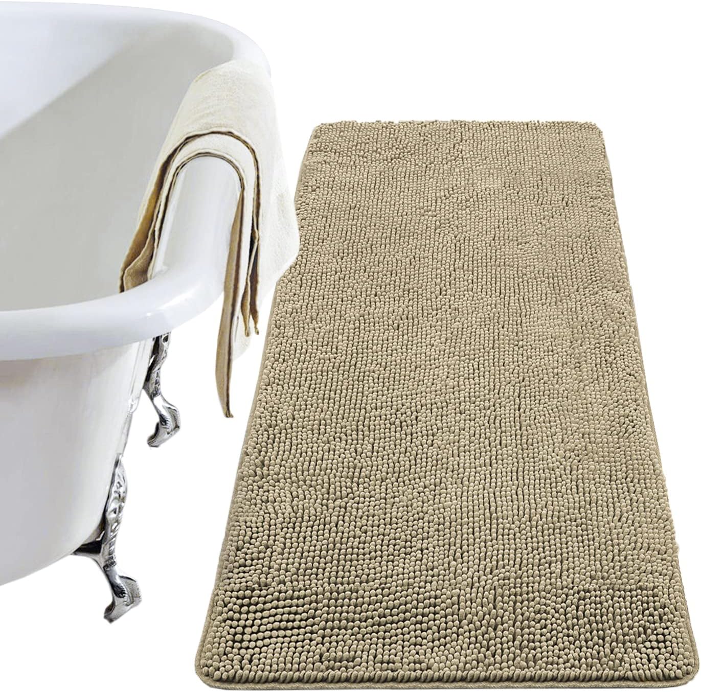 Luxury Bathroom Rug Shaggy Bath Mat 24 x 60 Inch, Washable Non Slip Bath Rugs for Bathroom Shower, Soft Plush Chenille Absorbent Carpets Mats, Black
