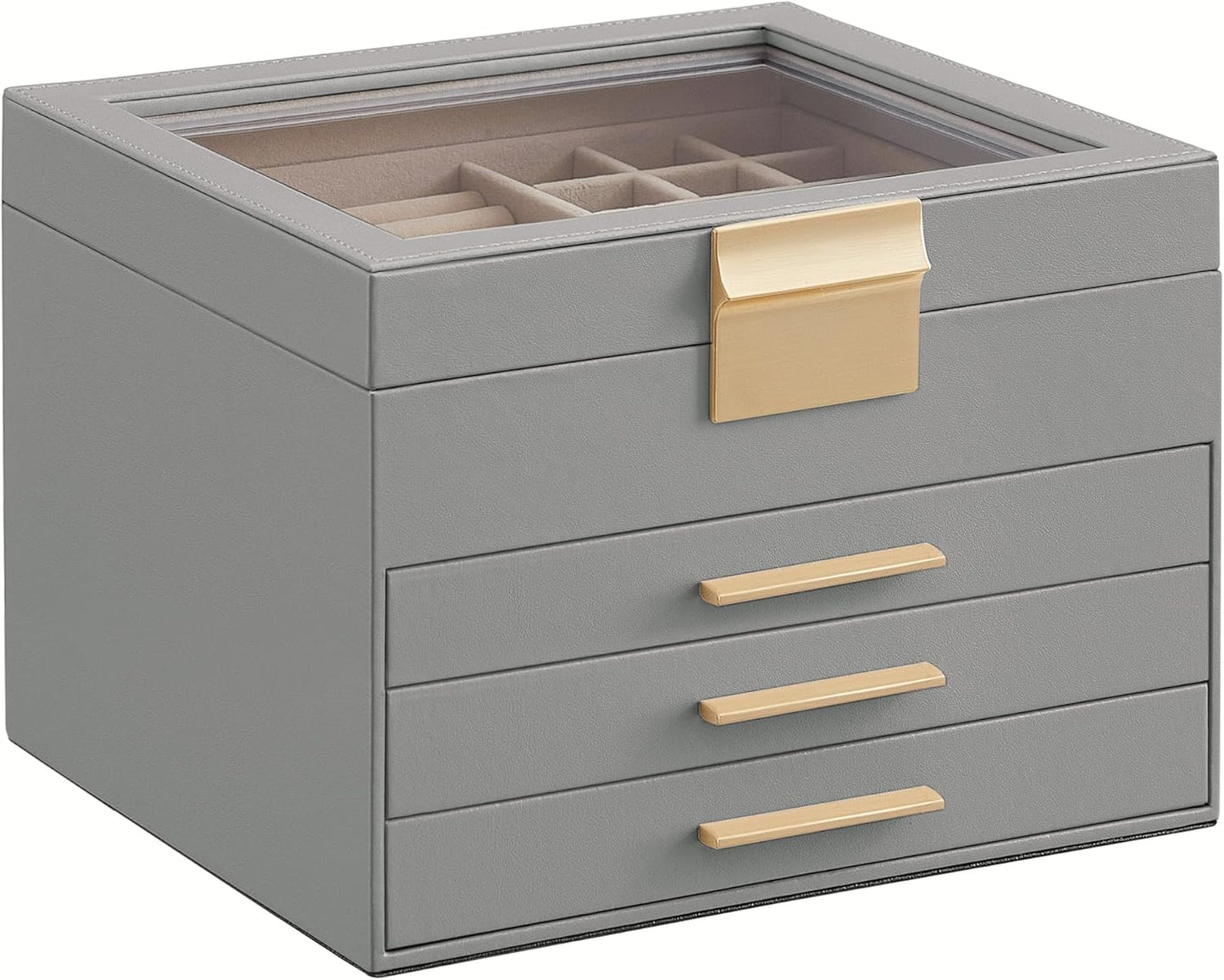 Jewelry Box with Glass Lid, 6-Layer Jewelry Organizer, 5 Drawers, for Big and Small Jewelry, Jewelry Storage, Modern Style, 8 x 9.1 x 9 Inches, Cloud White and Gold Color UJBC176W01