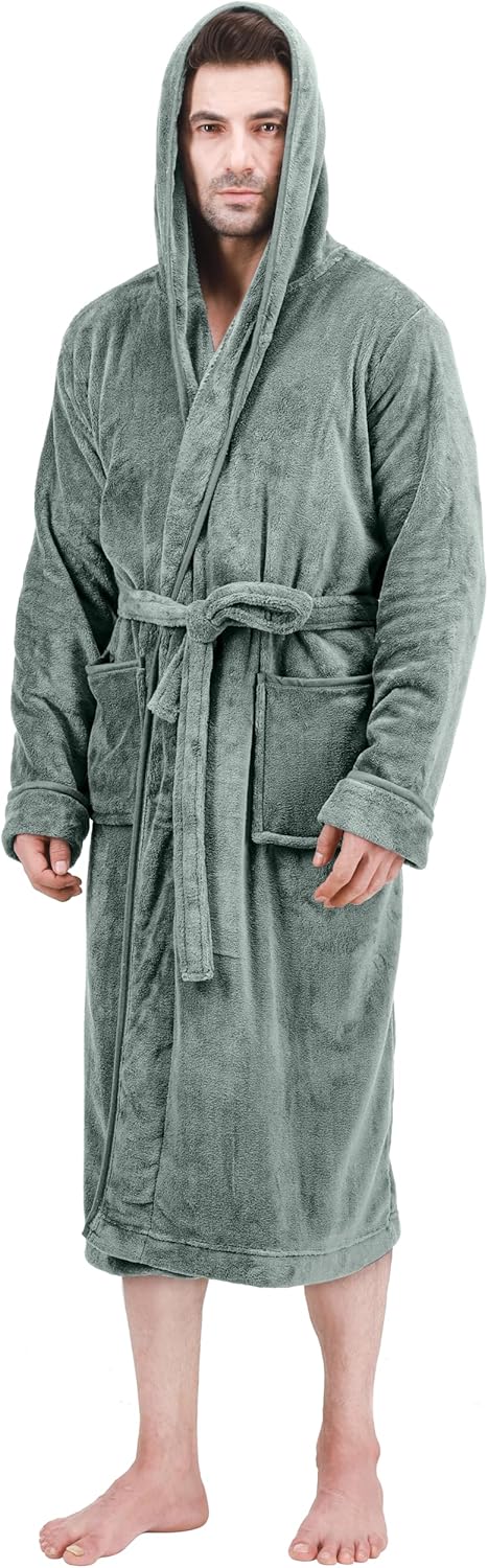 Men's Hooded Fleece Bathrobe Plush Long Spa Robe