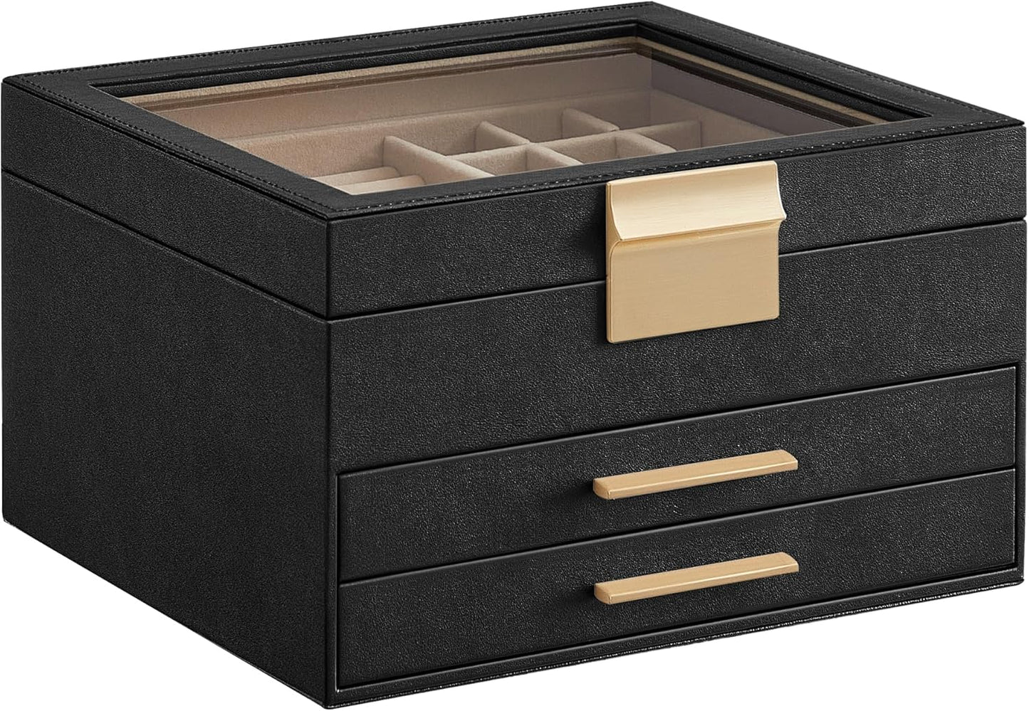 Jewelry Box with Glass Lid, 6-Layer Jewelry Organizer, 5 Drawers, for Big and Small Jewelry, Jewelry Storage, Modern Style, 8 x 9.1 x 9 Inches, Cloud White and Gold Color UJBC176W01