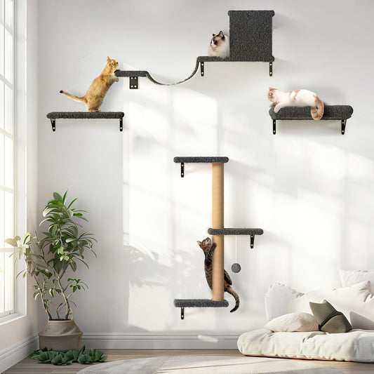 Cat Wall Shelves, Stable & Safe 4 in 1 Cat Wall Furniture Set, Wooden Cat Climbing Wall with Scratching Post for 16 Inch Drywall - Gray