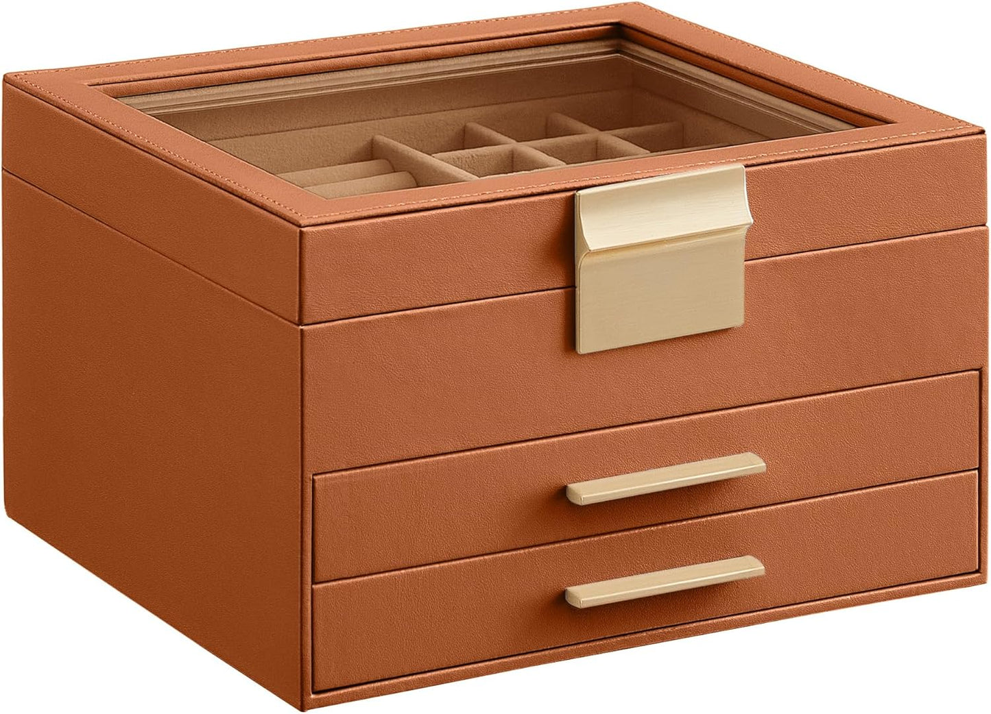 Jewelry Box with Glass Lid, 4-Layer Jewelry Organizer, 3 Drawers, for Big and Small Jewelry, Jewelry Storage, Modern Style, 8 x 9.1 x 6.5 Inches, Avocado Green and Gold Color UJBC173C02