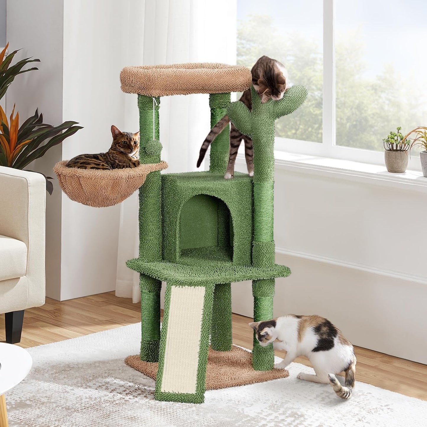 Cactus Cat Tree, 42in Cat Tower for Indoor Cats, Multi Level Cat Condo Scratching Post, Cat Activity Center Pet Furniture w/Ball, Plush Perch, Platform, Basket