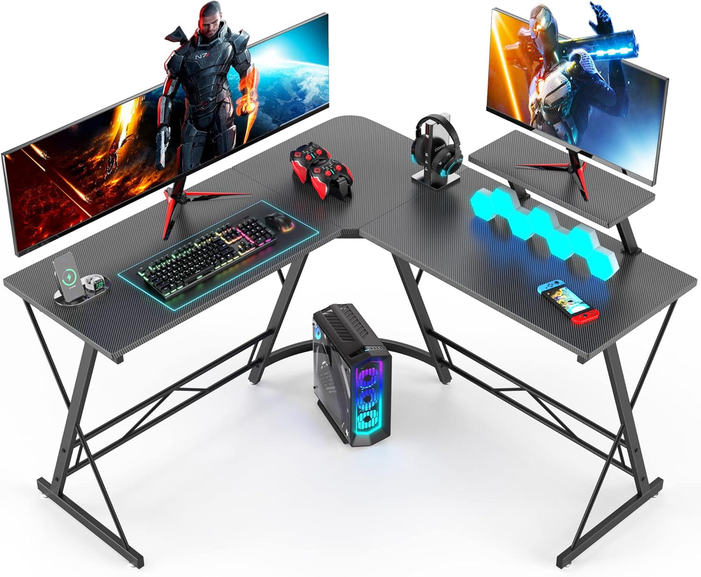 L Shaped Gaming Desk Corner Computer Desk, Home Office Desks Writing Workstation with Large Monitor Stand, Easy to Assemble (Black,51 Inch)