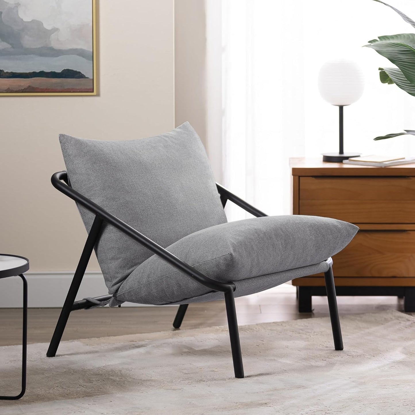 Aidan Sling Accent Chair, Metal Framed Armchair with Shredded Foam Cushioning, Oatmeal