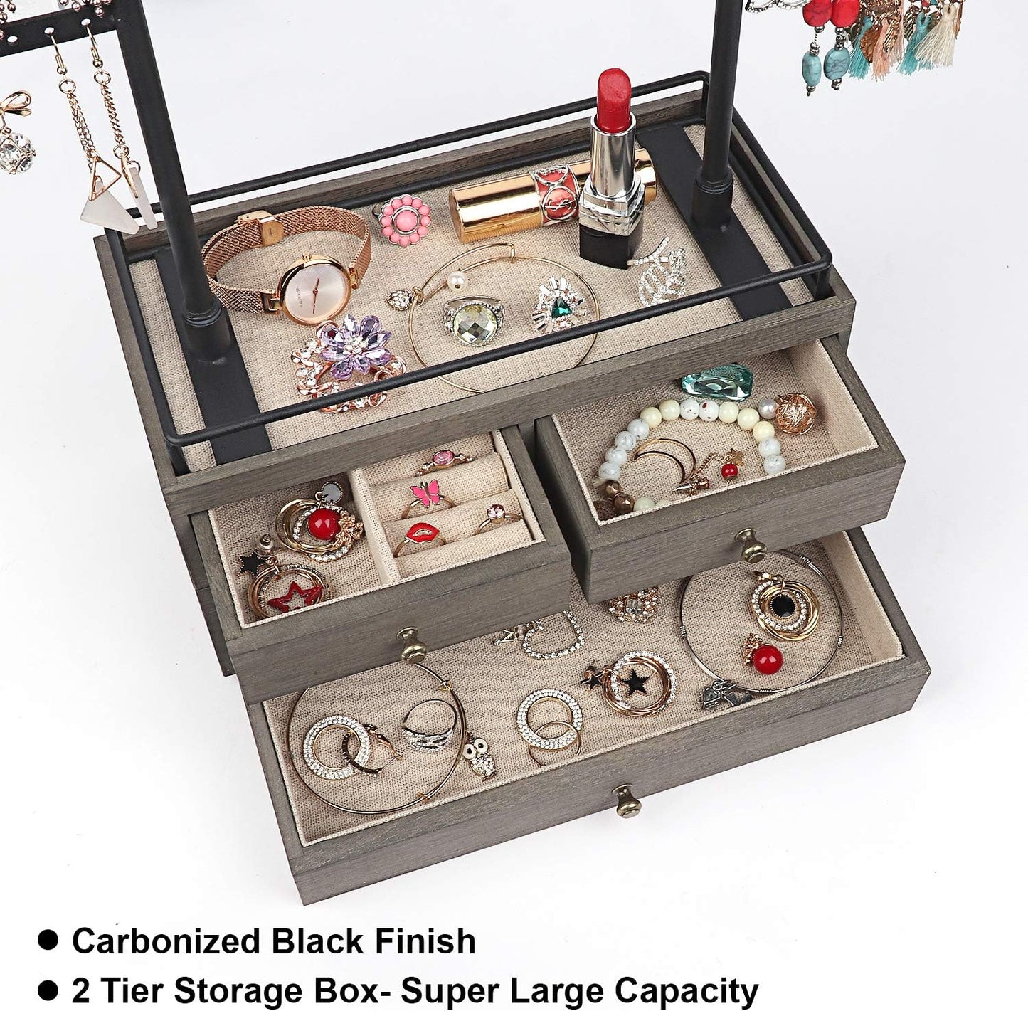 Jewelry Organizer - 2 Layer Wooden Jewelry Drawer Storage Box with 6 Tier Jewelry Tree Stand, Jewelry Display for Necklaces Bracelet Earring Ring Weathered Grey