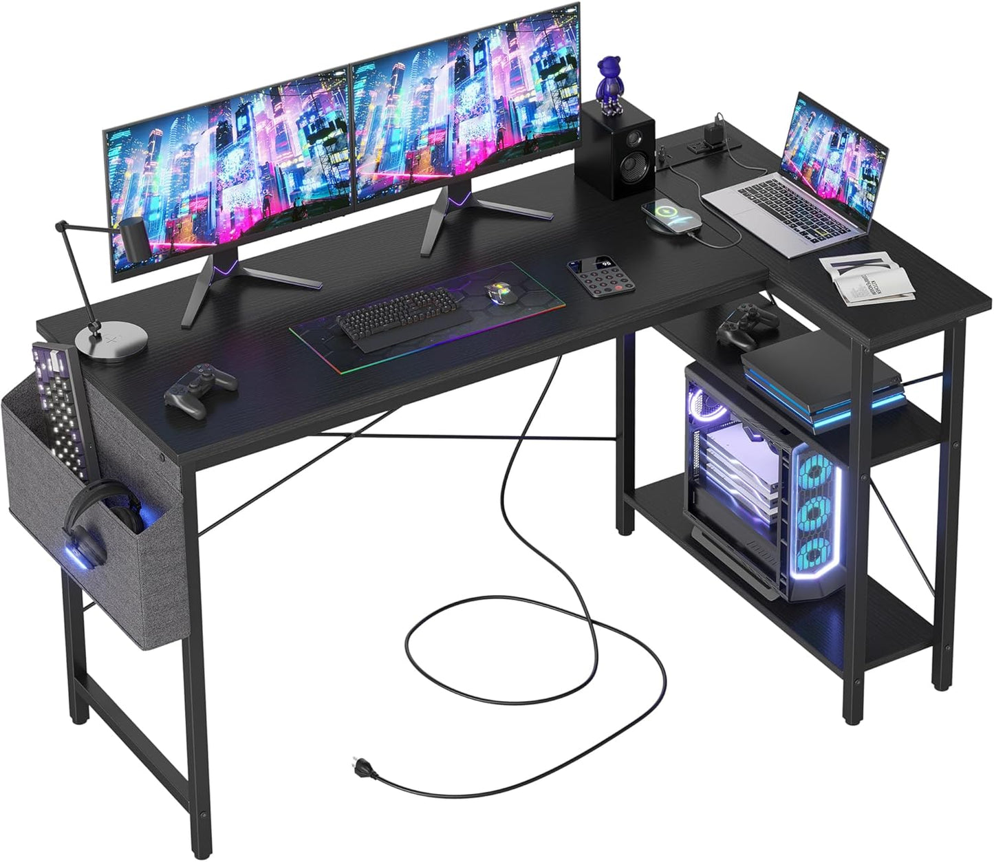 Small Computer Desk with Power Outlets, 40 Inch L Shaped Desk with Reversible Shelves, Gaming Desk Corner Desk Study Writing Table for Home Office Bedroom Living Room, Black