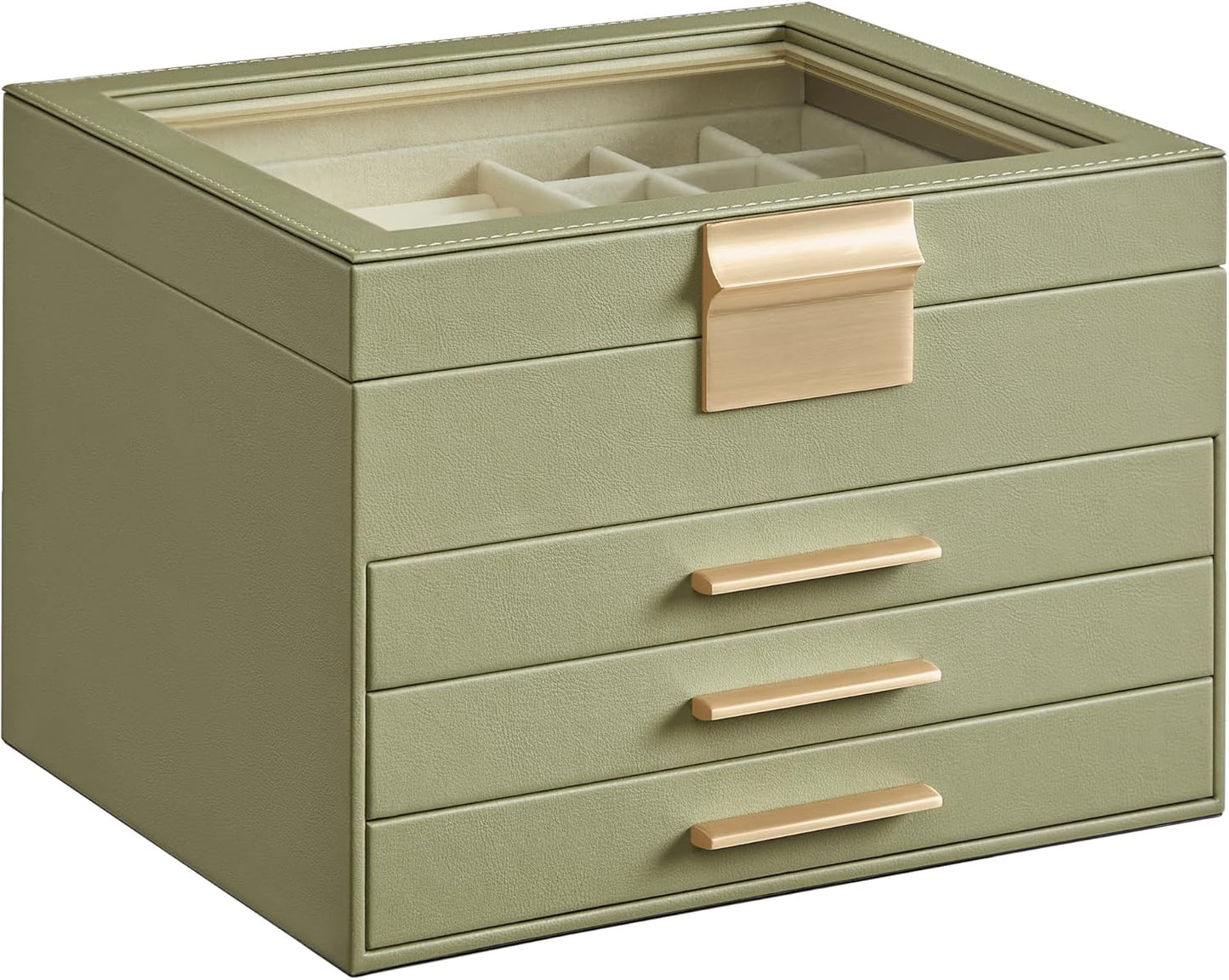Jewelry Box with Glass Lid, 4-Layer Jewelry Organizer, 3 Drawers, for Big and Small Jewelry, Jewelry Storage, Modern Style, 8 x 9.1 x 6.5 Inches, Avocado Green and Gold Color UJBC173C02