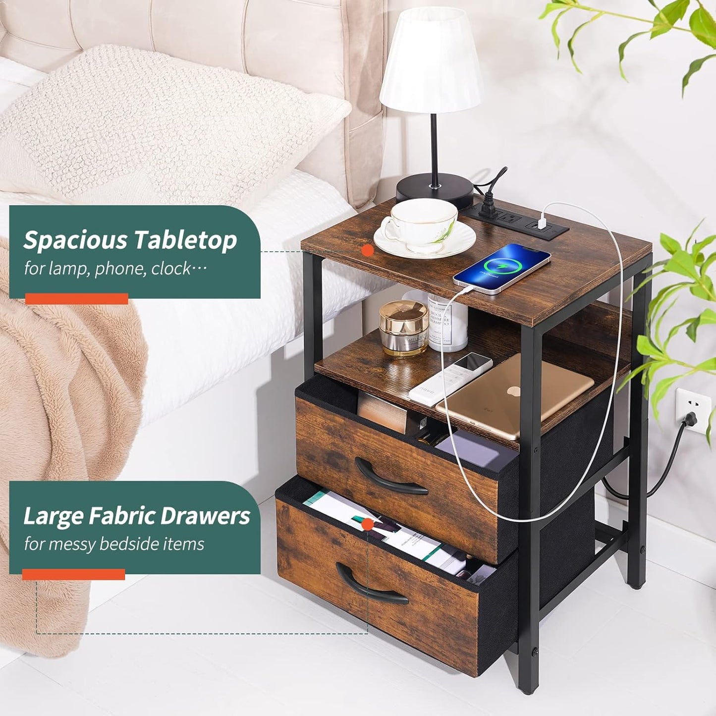 Nightstand with Charging Station, Small Night Stand with Fabric Drawers and Storage Shelf for Bedrooms, Small Spaces, Bedside Table with USB Ports & Outlets