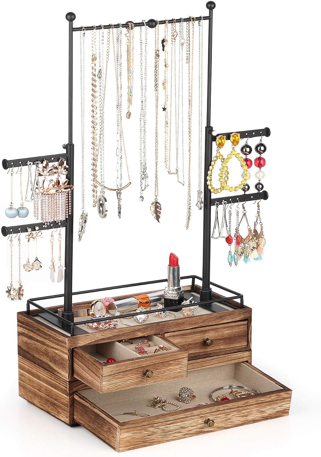 Jewelry Organizer - 2 Layer Wooden Jewelry Drawer Storage Box with 6 Tier Jewelry Tree Stand, Jewelry Display for Necklaces Bracelet Earring Ring Weathered Grey