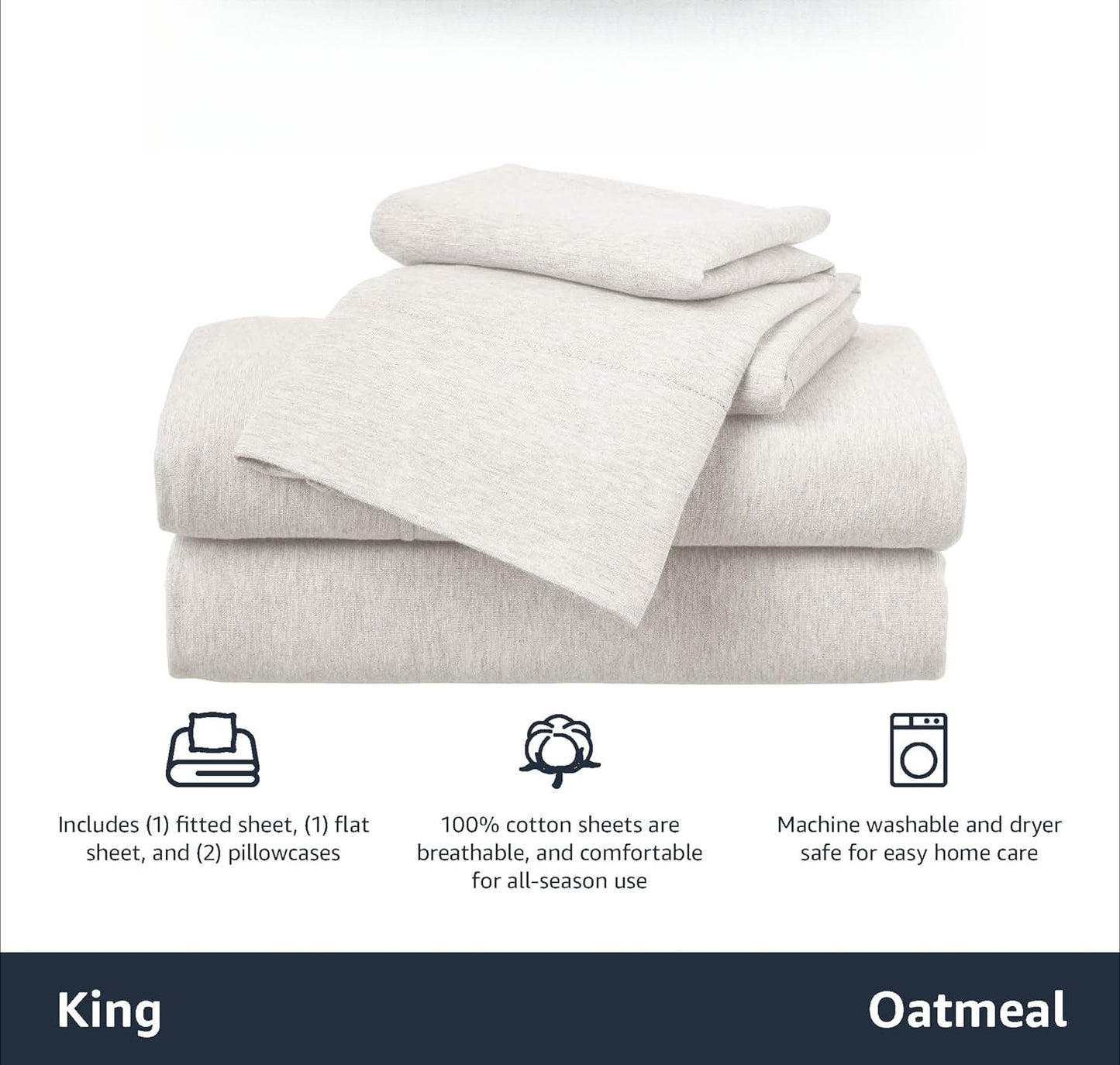 Basics 4 Piece Bed Sheets Set, 100% Cotton Jersey, Includes Super Soft, Flat and Fitted Sheets, Pillowcase, King, Oatmeal, Solid