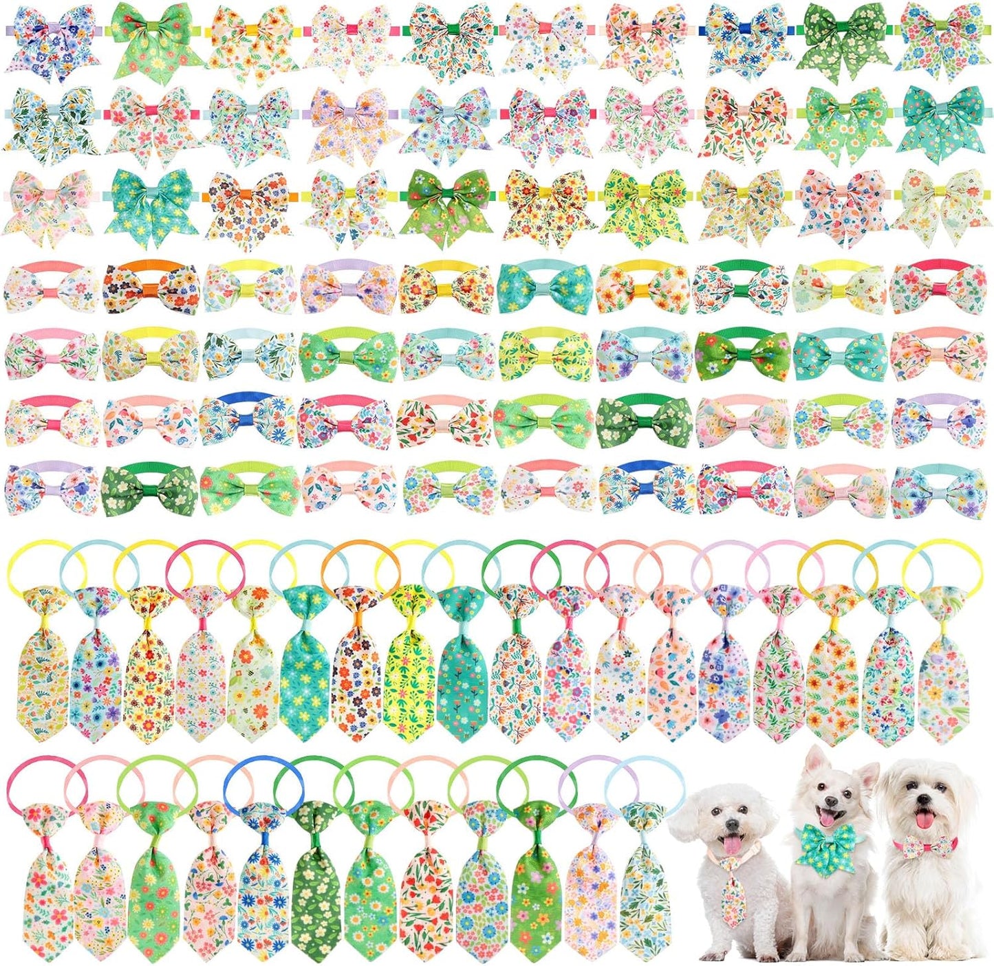100 Pieces Dog Bow Tie Collar Set Include 40 Dog Neckties, and 30 Puppy Bowties, 30 Collar Flowers, Adjustable Pet Ties Grooming for Small Medium Cats Pets Supply(Paw Bone)